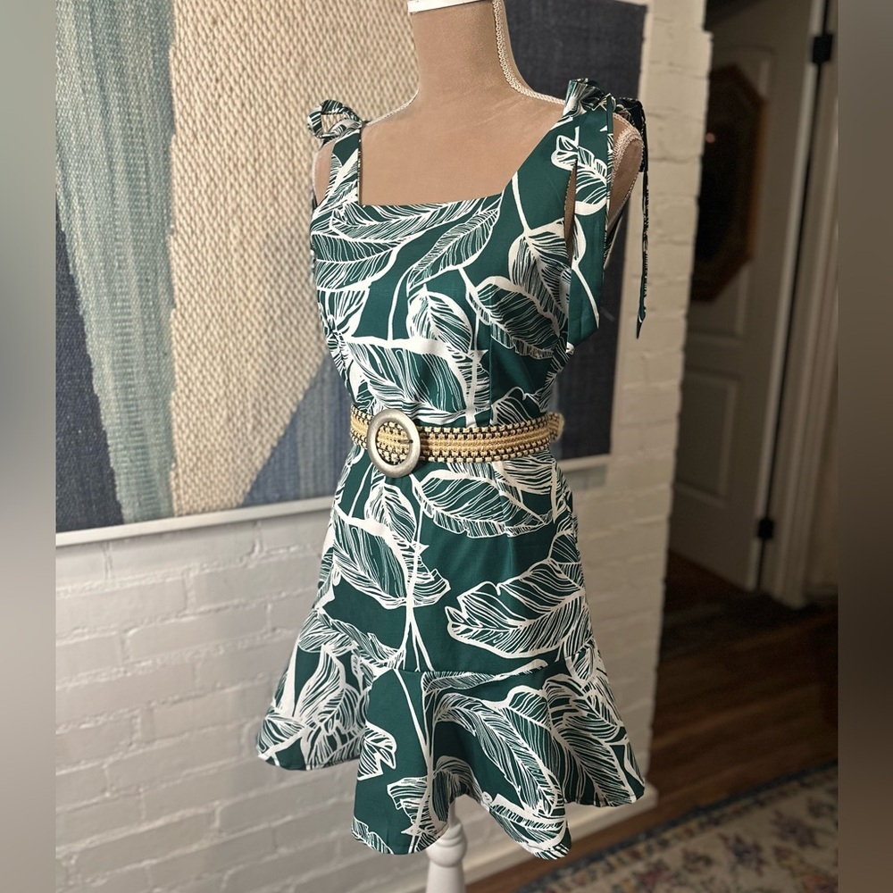 Teal Leaf-Print Tie-Strap Mini Dress - Picture 4 of 12